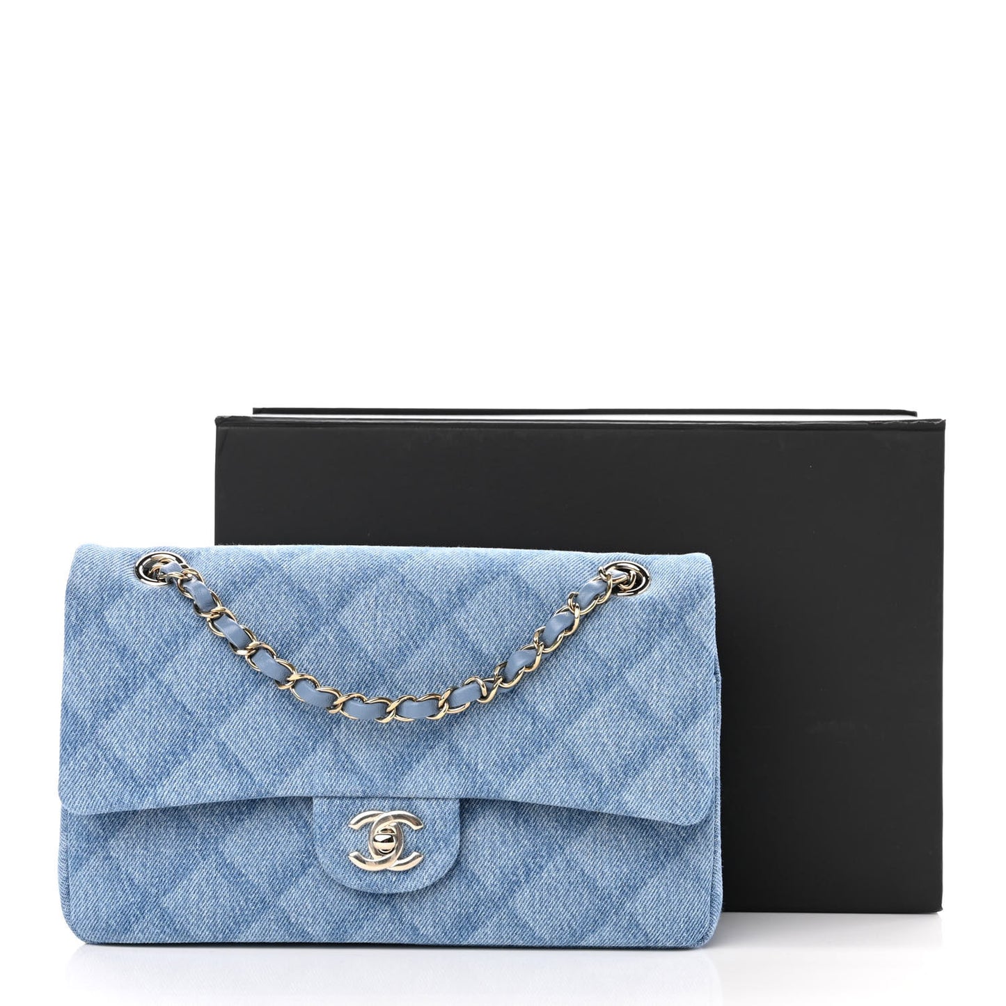 Printed Denim Quilted Medium Double Flap Light Blue