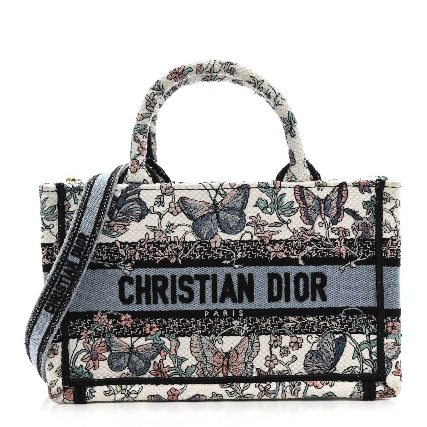 Christian Dior Canvas Embroidered Butterfly Mini Book Tote With Strap White Multicolor 1 of 15