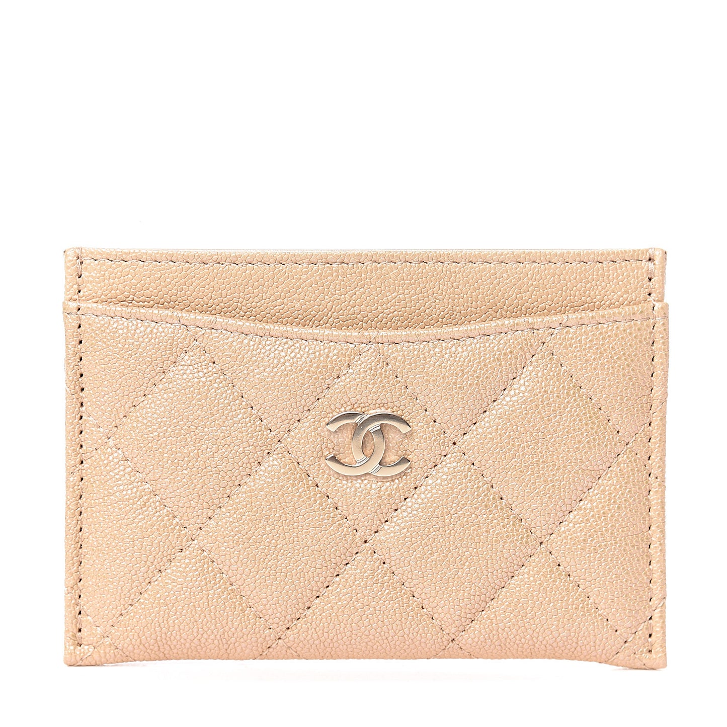 Iridescent Caviar Quilted Card Holder Beige