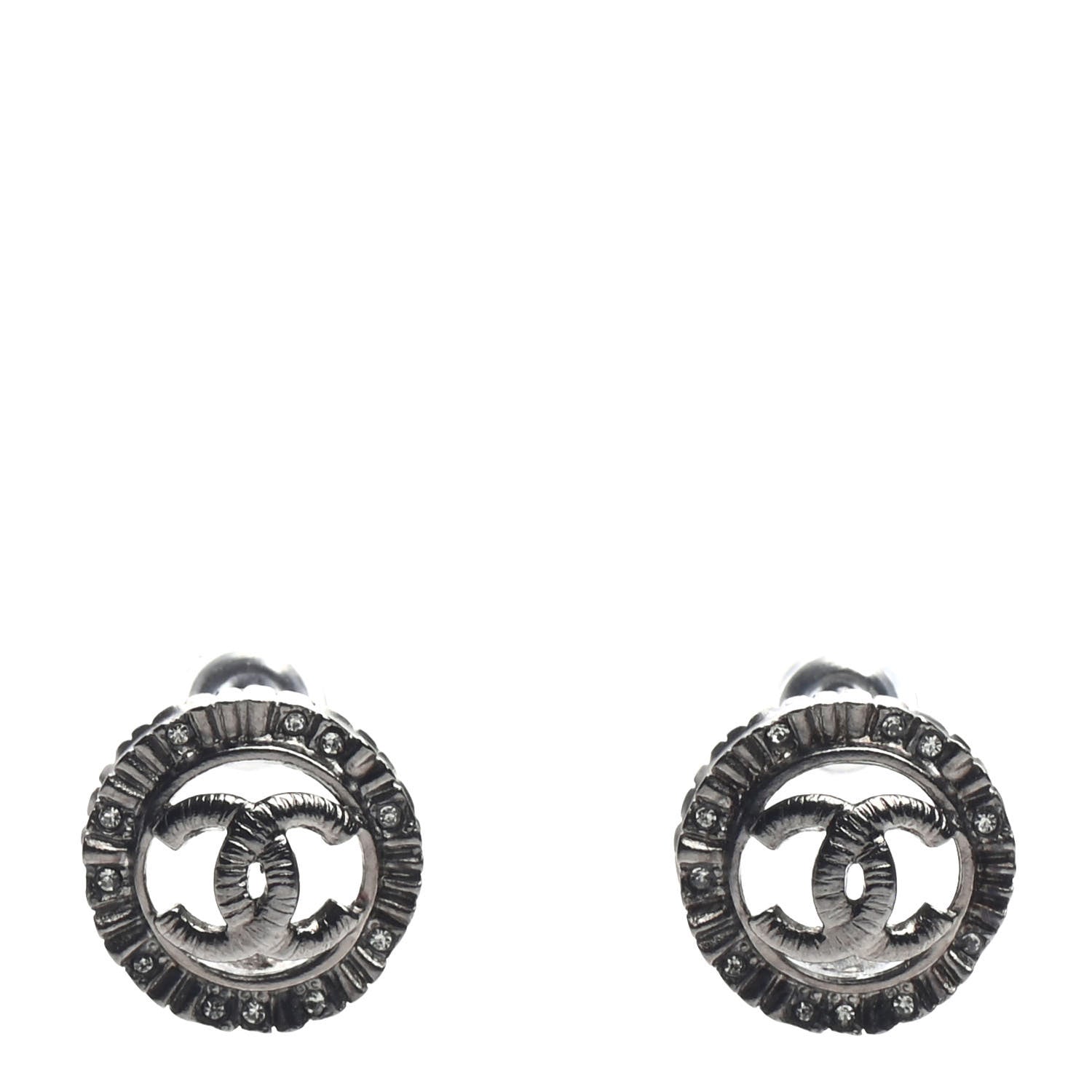 Chanel Ruthenium Crystal CC Round Earrings Silver 1 of 5