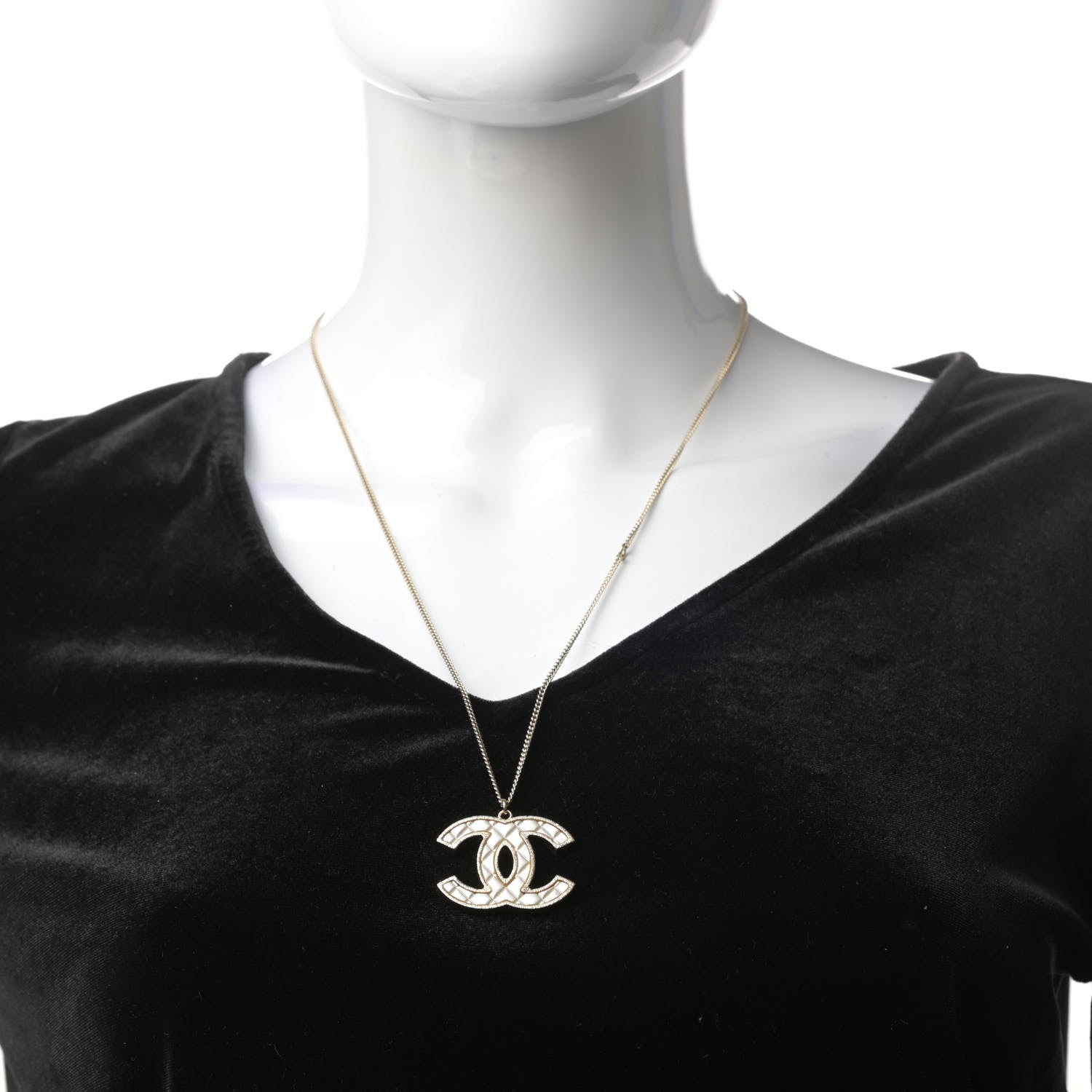 Chanel Metal Quilted CC Pendant Necklace Gold White 2 of 4