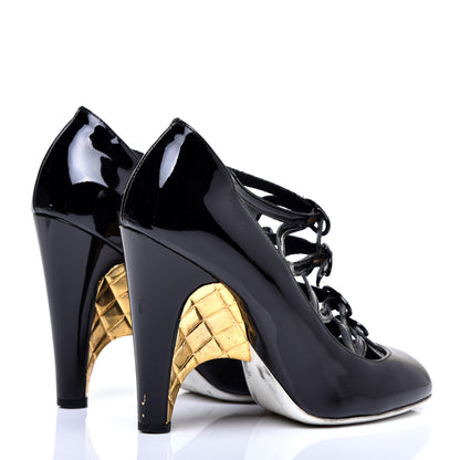 Chanel Patent Calfskin Quilted CC Strap Pumps 36 Black Gold 4 of 8