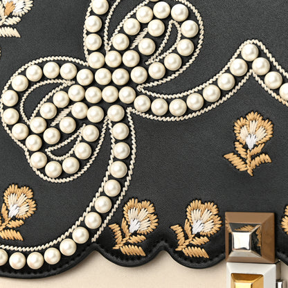 Fendi Vitello Liberty Pearl Bi-Color Flowers and Bows Scalloped Studded Kan I Shoulder Bag Black Camelia 12 of 13
