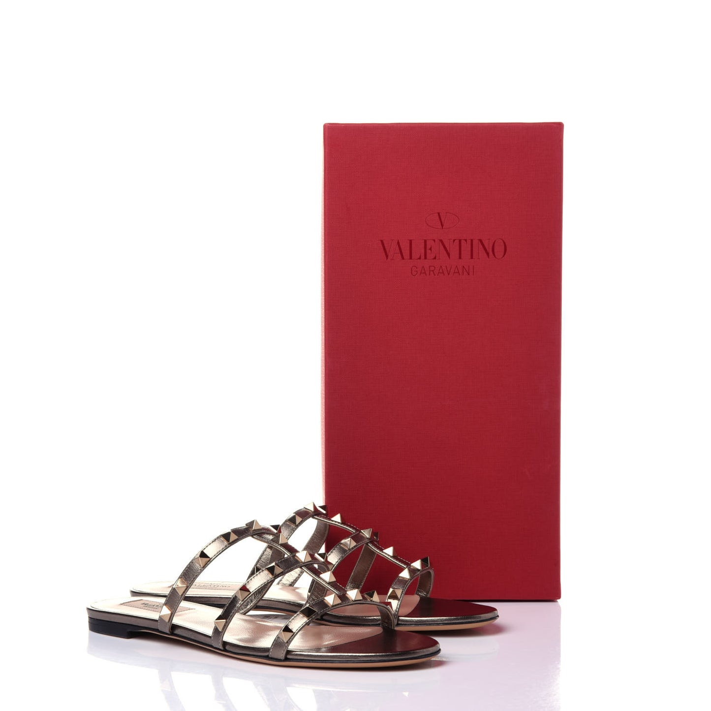 Metallic Nappa Rockstud Caged Flat Slide Sandals 38.5 Sasso