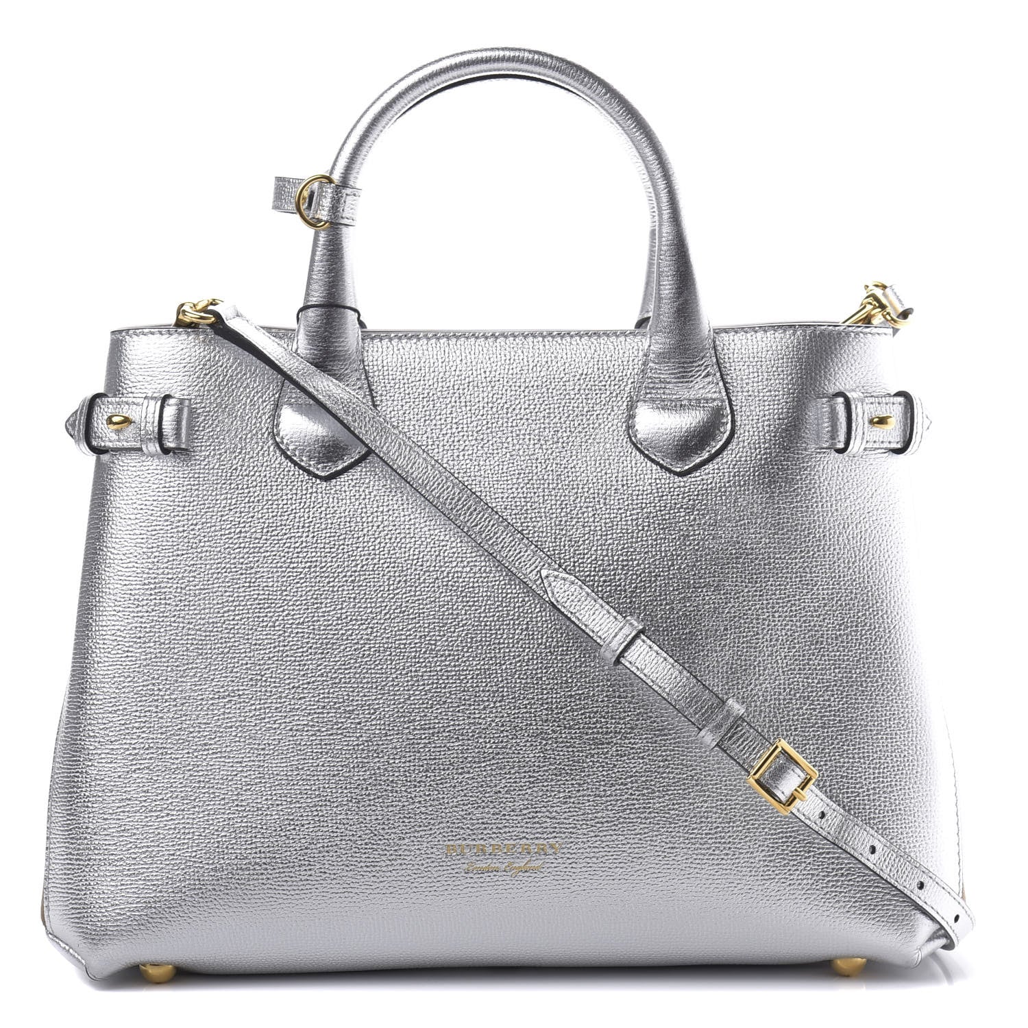 Burberry Metallic Grainy Calfskin House Check Medium Banner Tote Silver 1 of 12