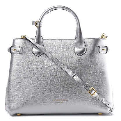 Burberry Metallic Grainy Calfskin House Check Medium Banner Tote Silver 1 of 12
