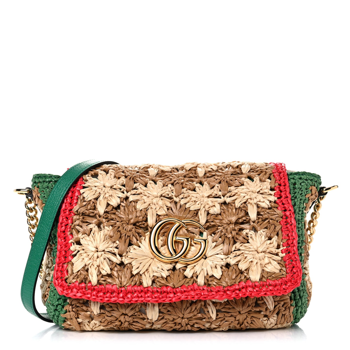 Raffia Azalea Calfskin Crochet Flower Small GG Marmont Shoulder Bag Natural Ecru Green Red New Shamarock