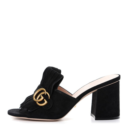 Gucci Kid Scamosciato GG Marmont Fringe 75mm Slide Sandals 38 Black 1 of 10