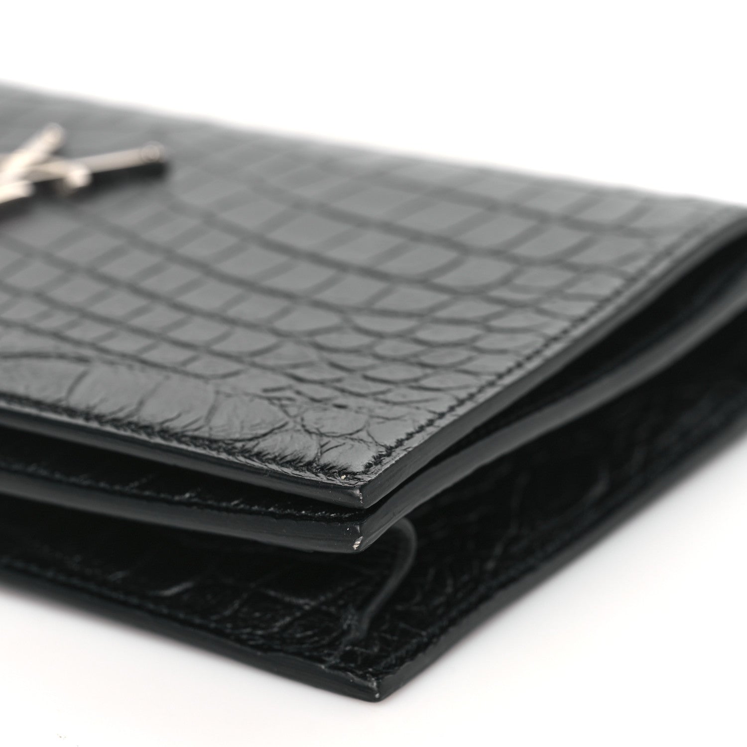 Saint Laurent Calfskin Crocodile Embossed Classic Kate Monogram Clutch Black 8 of 9
