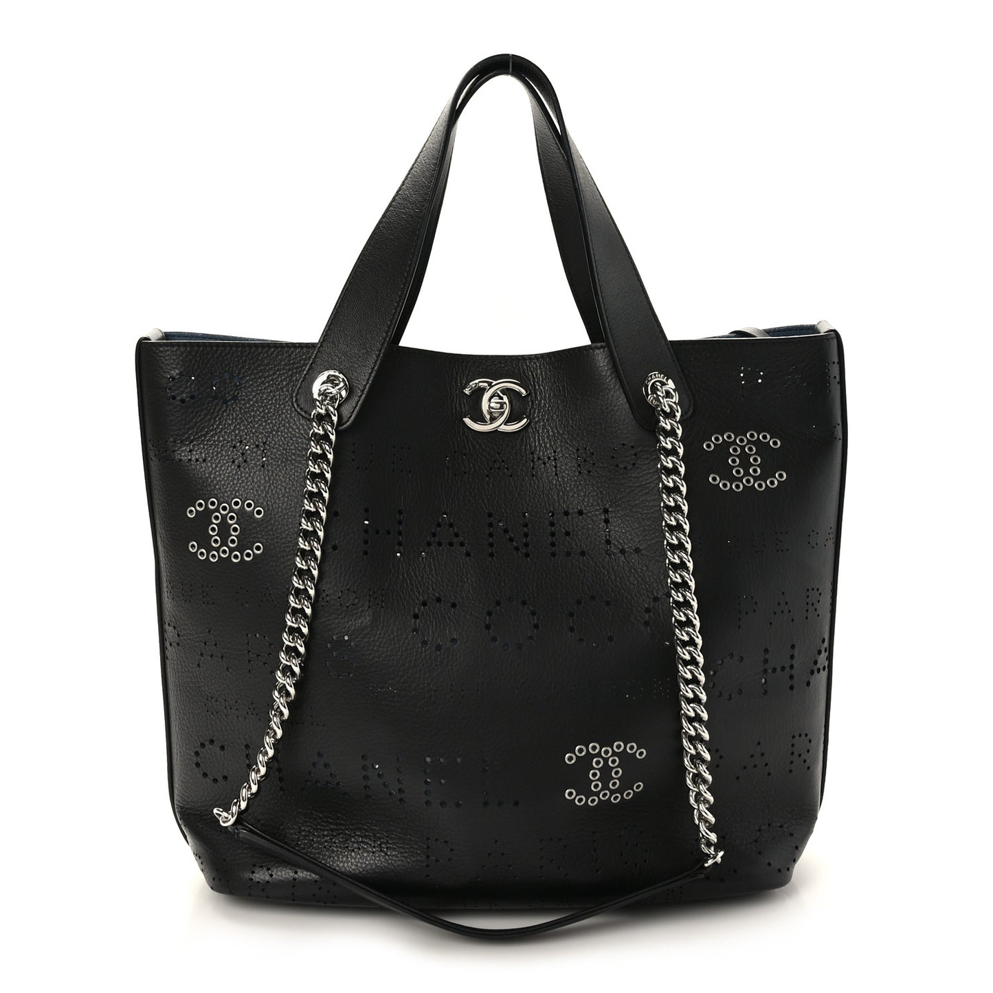 Calfskin Tweed Small Logo Eyelets Shopping Tote Black