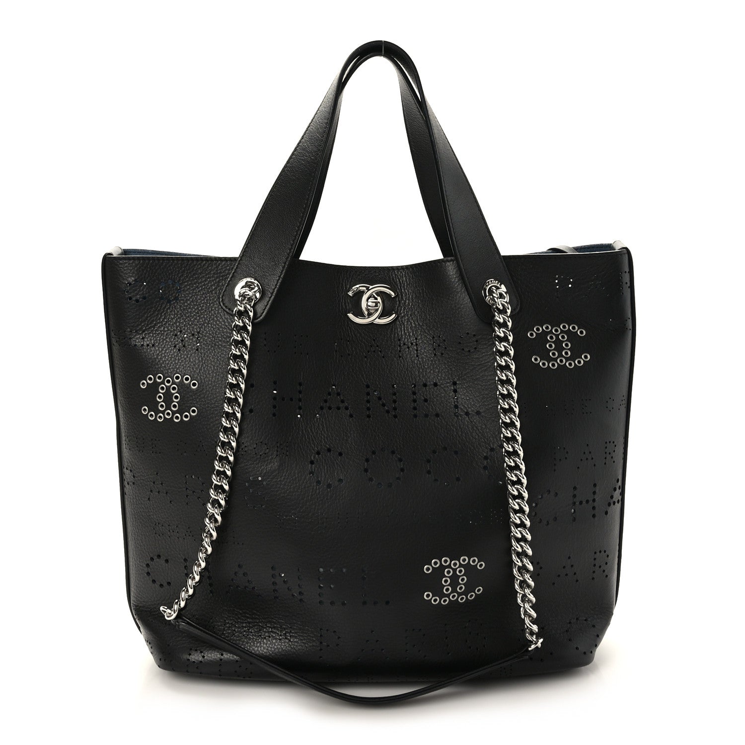 Chanel Calfskin Tweed Small Logo Eyelets Shopping Tote Black 1 of 10