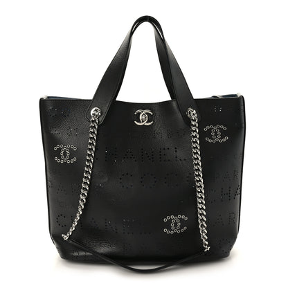 Chanel Calfskin Tweed Small Logo Eyelets Shopping Tote Black 1 of 10