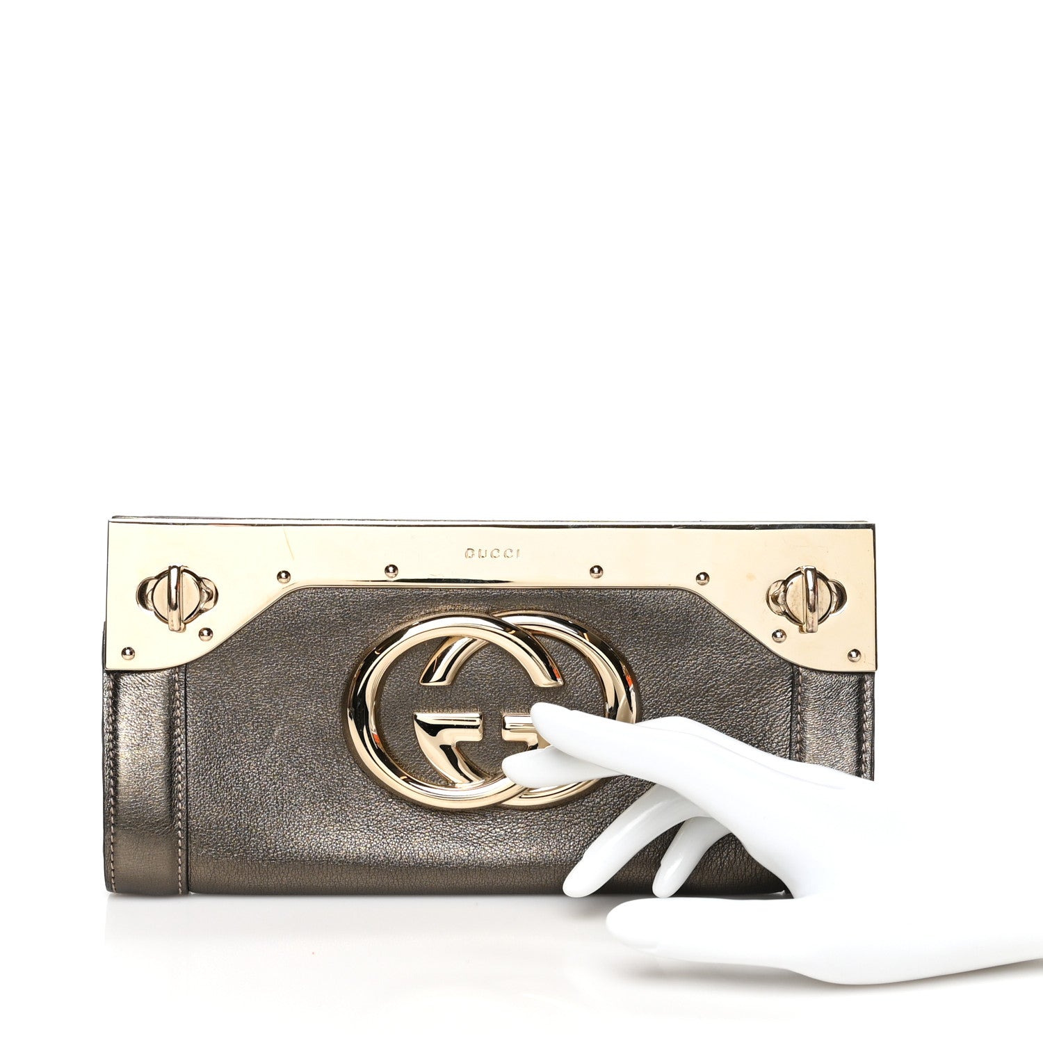 Gucci Metallic Calfskin Britt Clutch Pewter 2 of 9