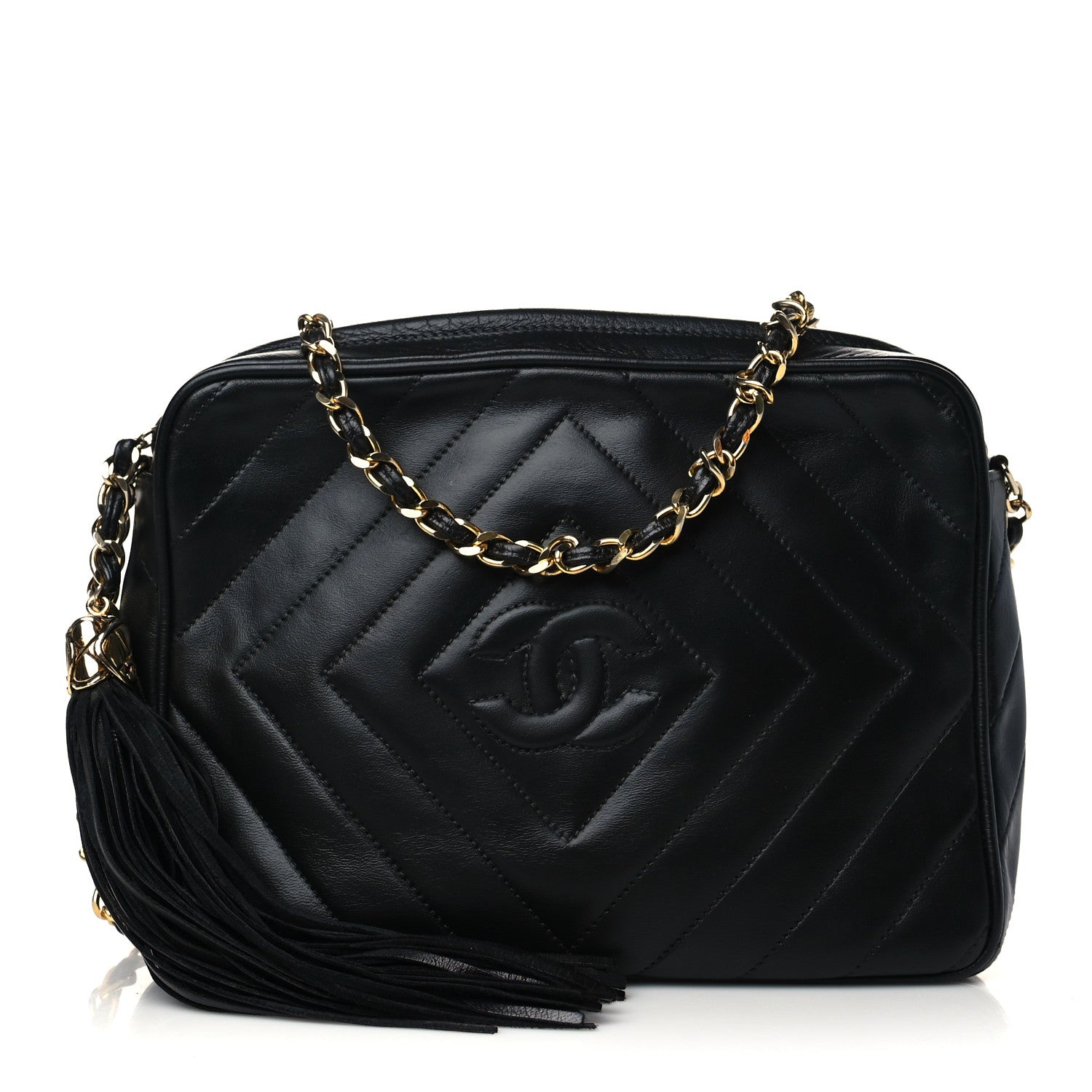 Chanel Lambskin Chevron Quilted Tassel Camera Case Black 1 of 10