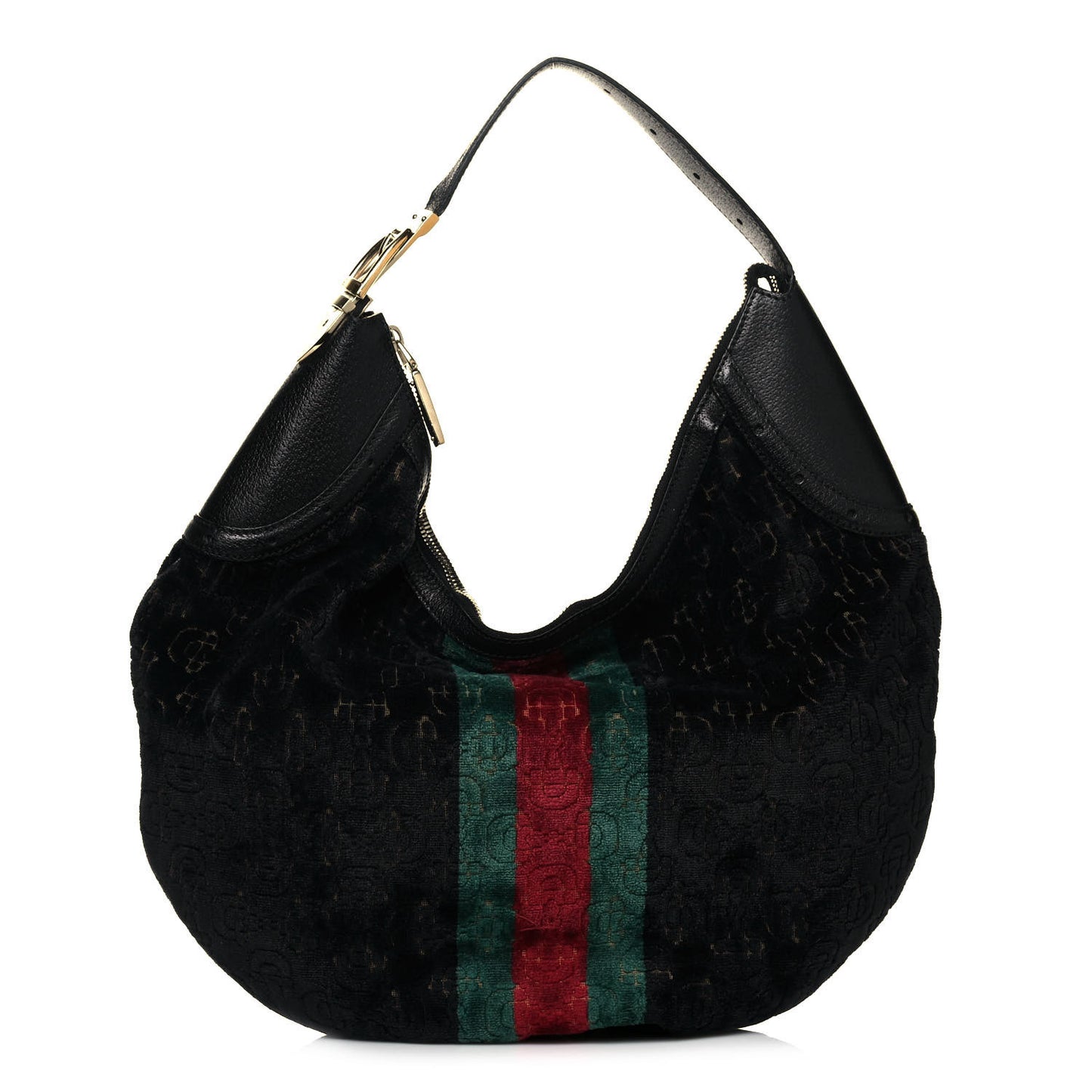 Velvet Horsebit Embossed Glam Hobo Black