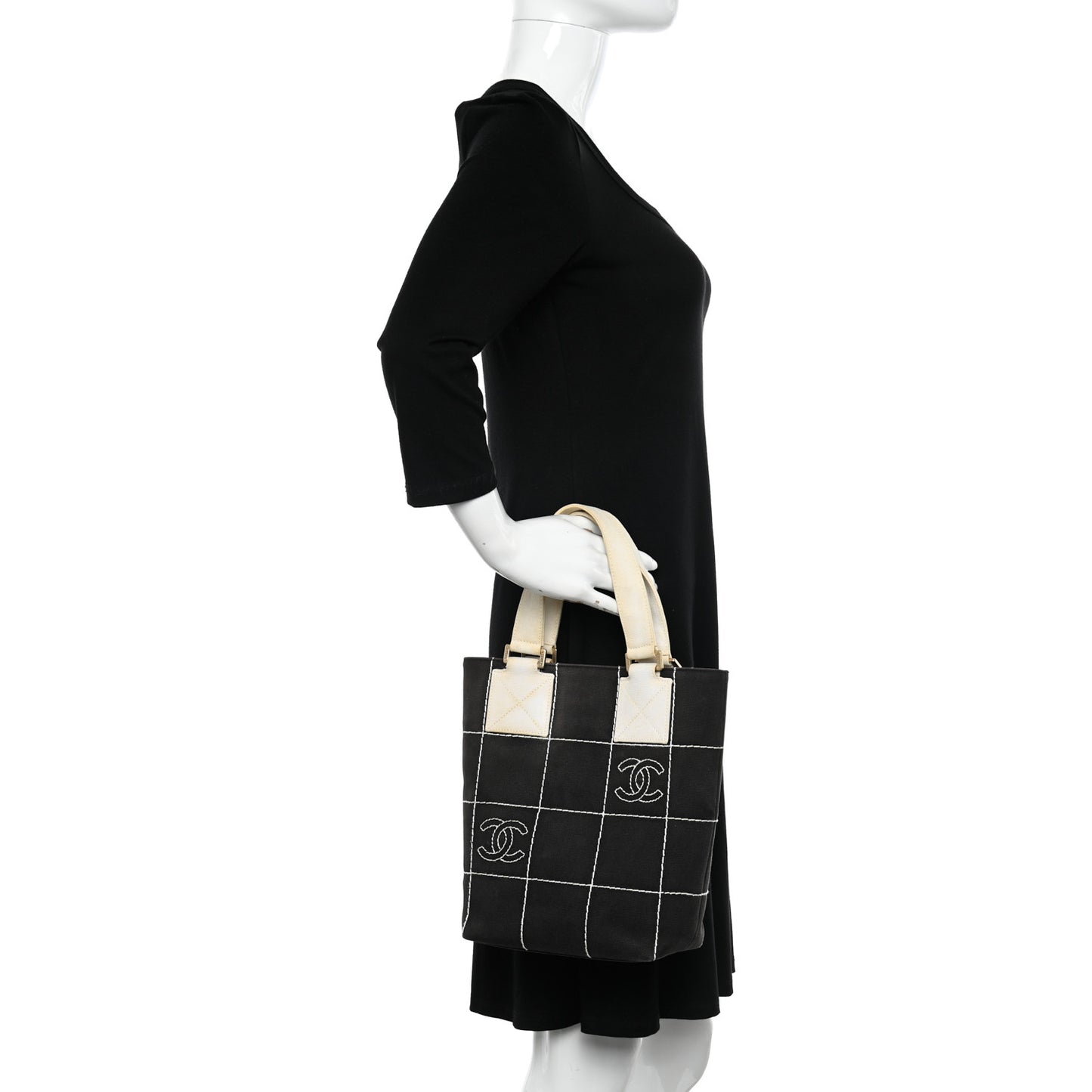 Canvas Square Stitched CC Small Tote Bag Black