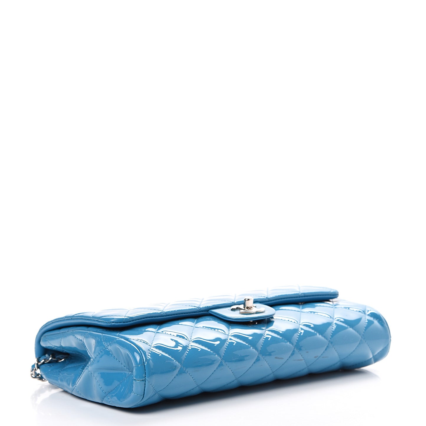 Patent Quilted Clutch with Chain Flap Blue