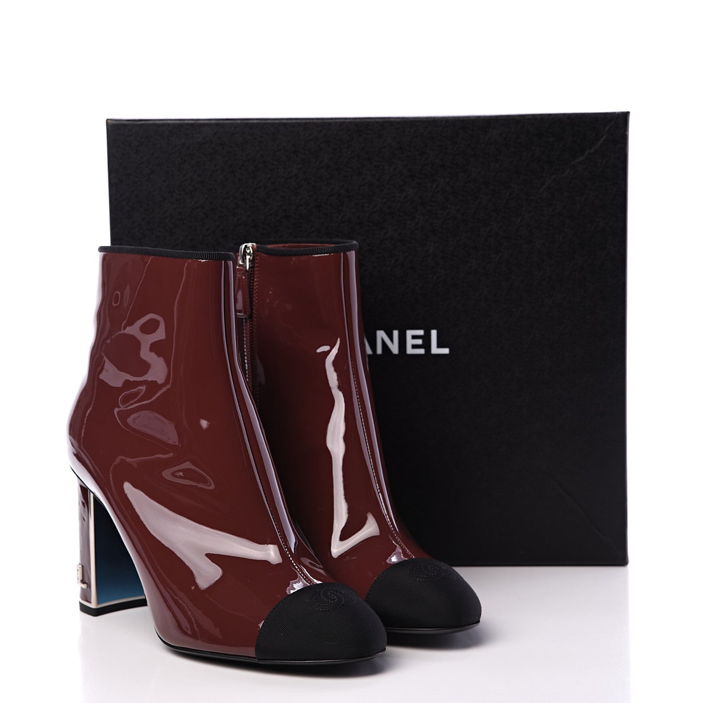 Patent Grosgrain CC Cap Toe Boots 41 Burgundy Black