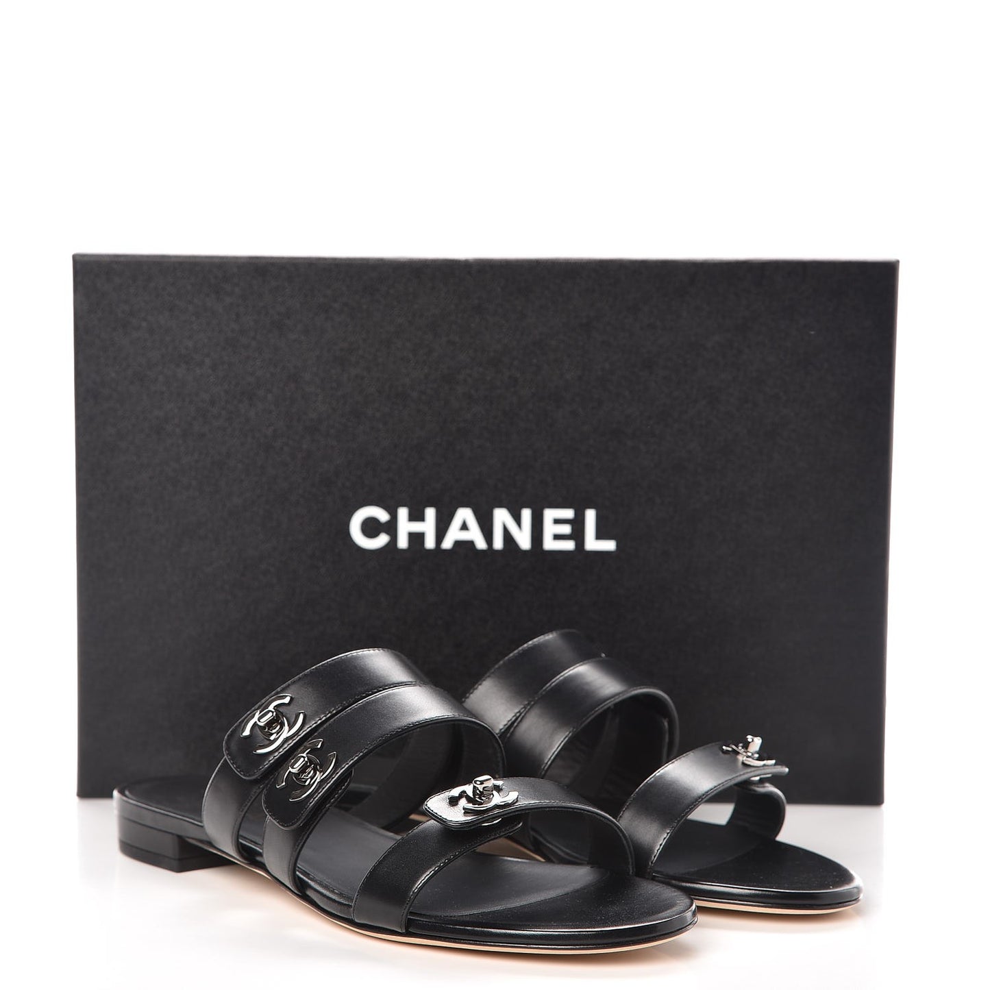 Calfskin CC Turnlock Mule Sandals 38 Black