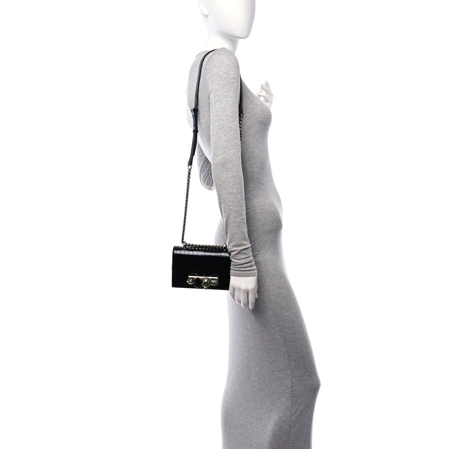 Calfskin Shiny Crocodile Embossed Jeweled Satchel Black