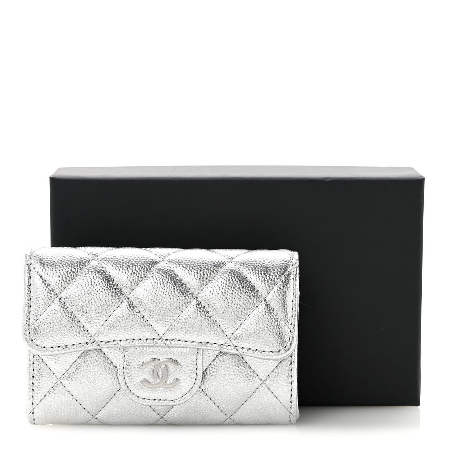 Glittered Metallic Caviar Quilted Flap Card Holder Wallet Silver
