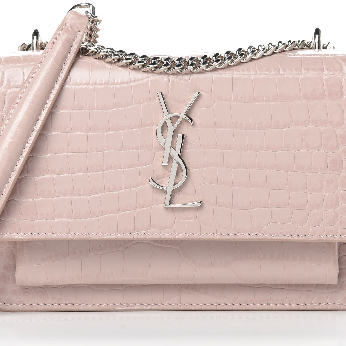 Calfskin Crocodile Embossed Monogram Sunset Chain Wallet Marble Pink