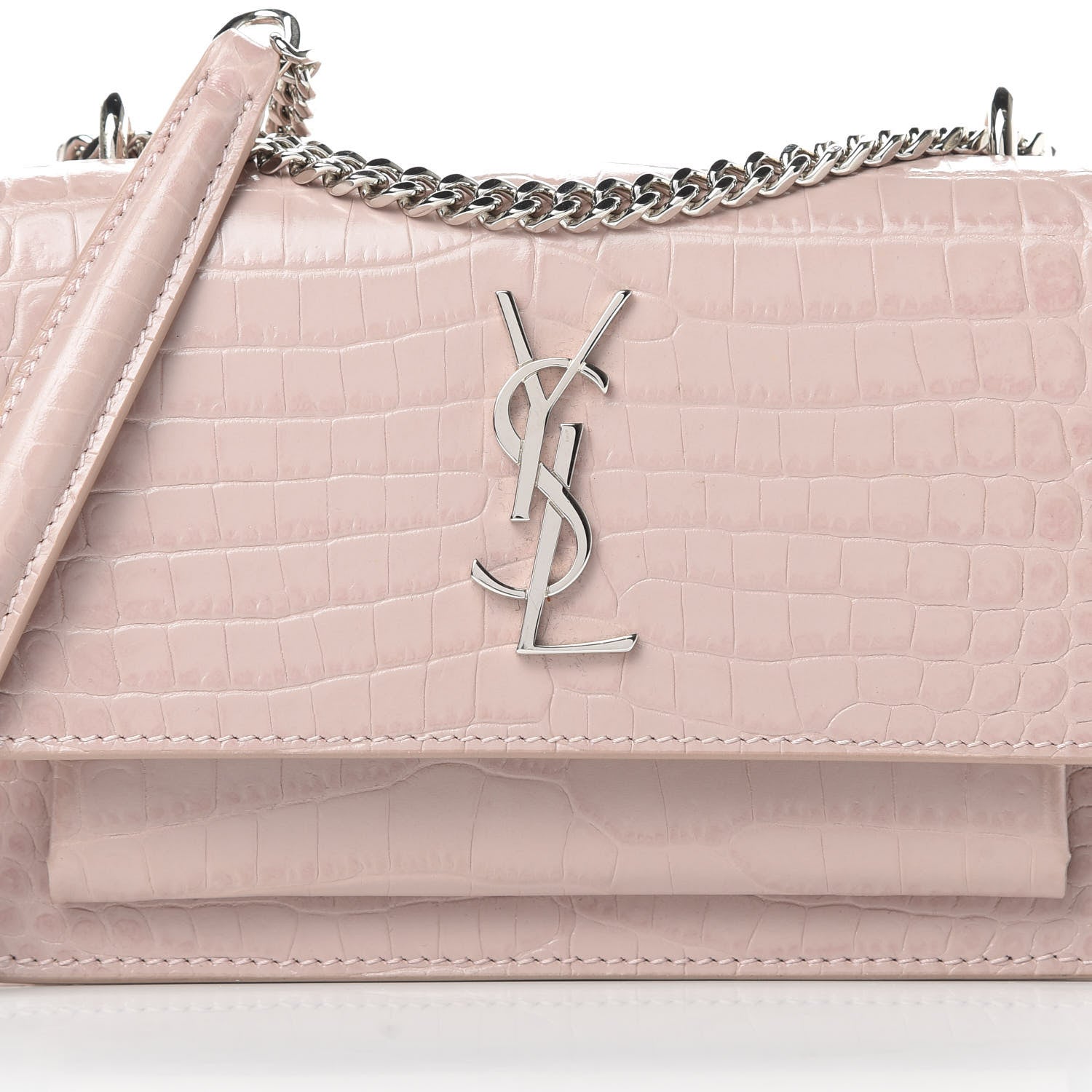 Saint Laurent Calfskin Crocodile Embossed Monogram Sunset Chain Wallet Marble Pink 8 of 12