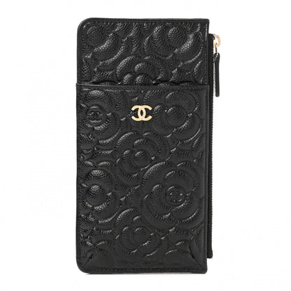 Chanel Caviar Camellia Embossed Classic Flat Wallet Pouch Black 1 of 8
