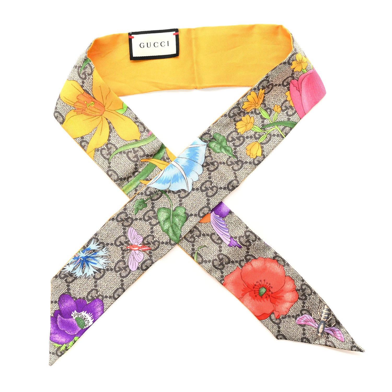 Gucci Silk Twill GG Monogram Special Flory Neck Bow Scarf Beige Yellow 1 of 4