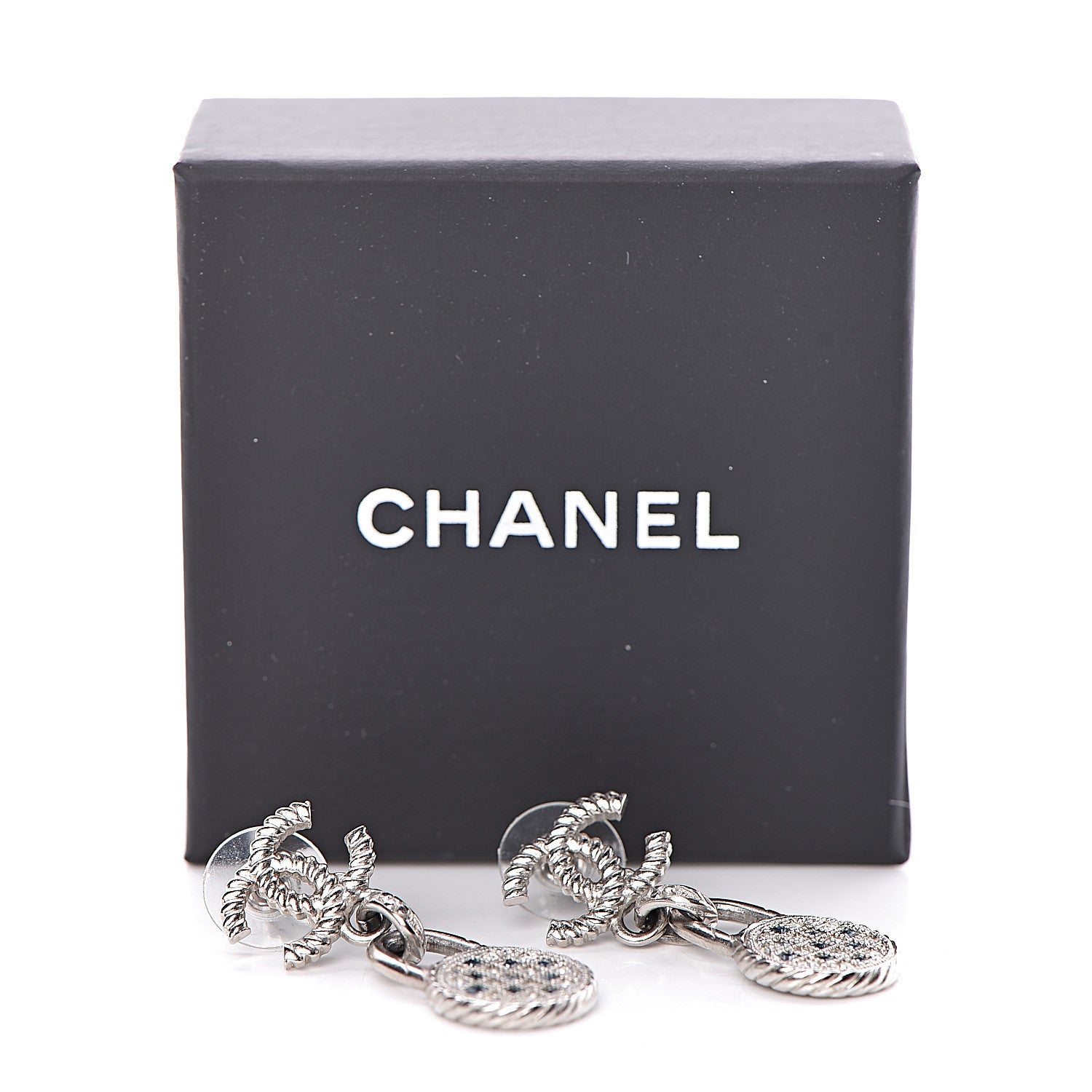 Chanel Ruthenium Crystal CC Drop Earrings Blue Silver 5 of 5