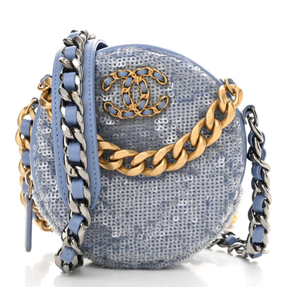 Chanel Sequin Chanel 19 Round Clutch With Chain Light Blue 1 of 10