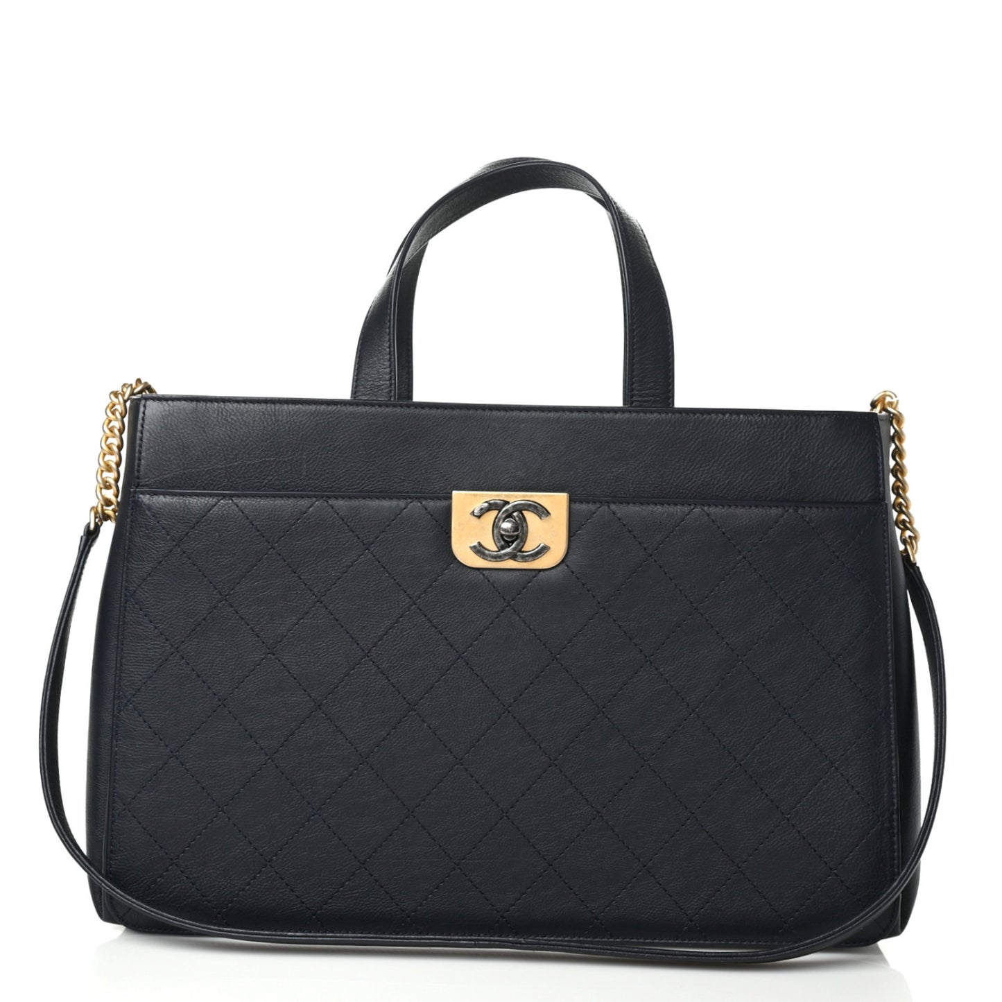 Calfskin Stitched Large Straight Lines Shopping Tote Navy