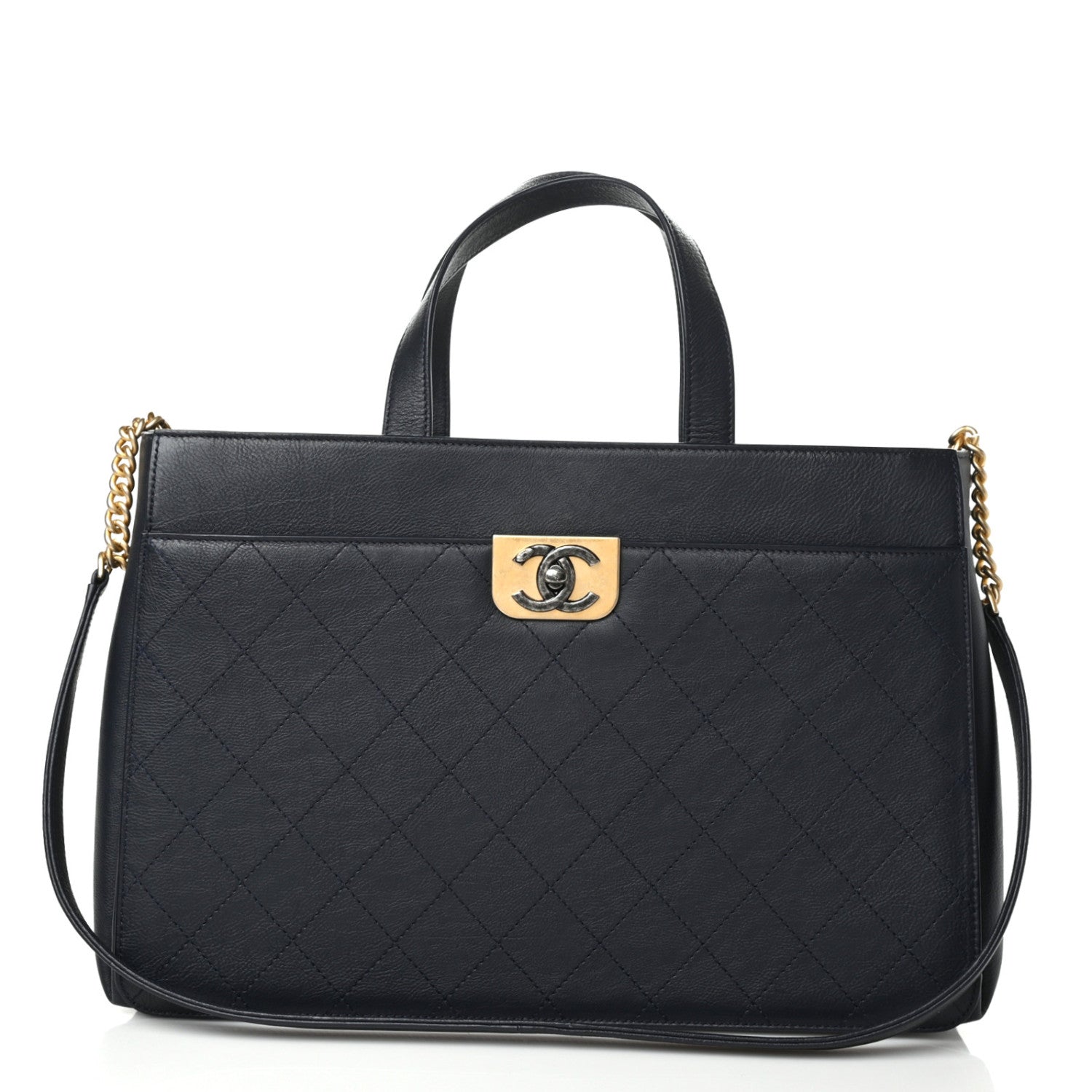 Chanel Calfskin Stitched Large Straight Lines Shopping Tote Navy 1 of 9