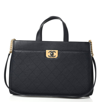 Chanel Calfskin Stitched Large Straight Lines Shopping Tote Navy 1 of 9