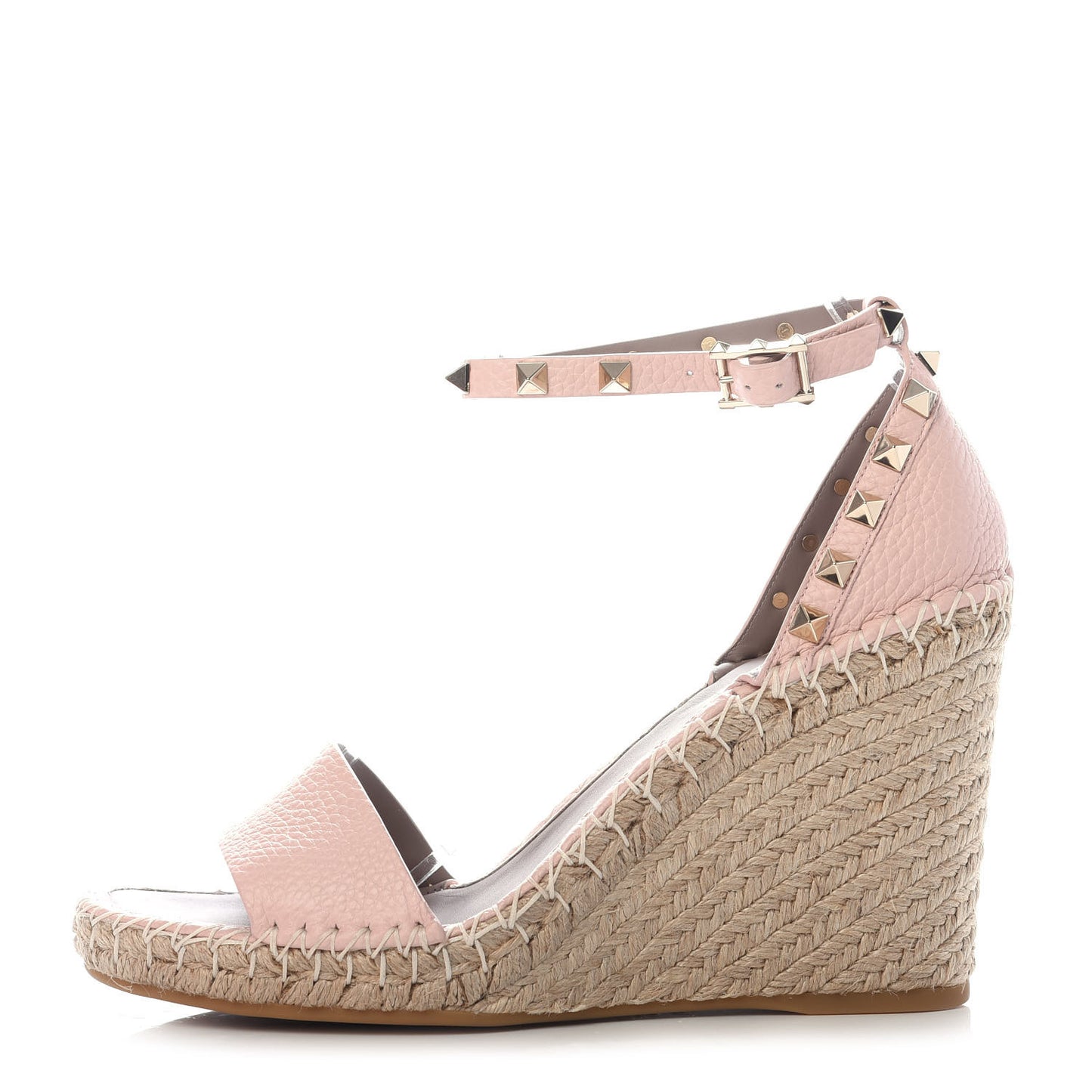 Grained Calfskin Rockstud Ankle Strap Espadrille 15/105mm Wedge Sandals 40 Rose Quartz Natural
