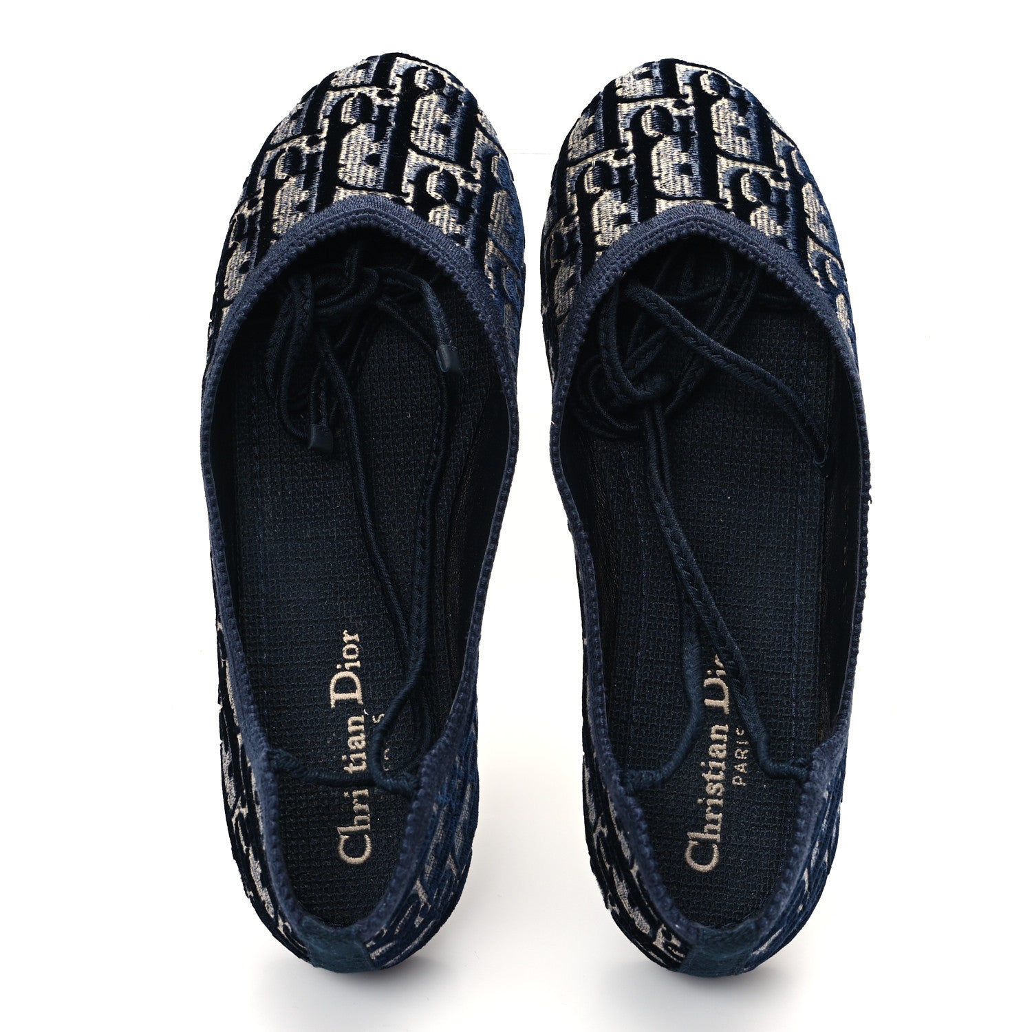 Christian Dior Velvet Oblique Poeme Laced Ballerina Flats 37.5 Deep Blue 2 of 9