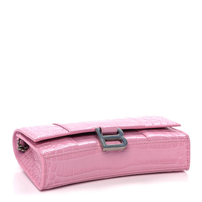 Balenciaga Shiny Calfskin Crocodile Embossed Hourglass Chain Bag Candy Pink 3 of 11