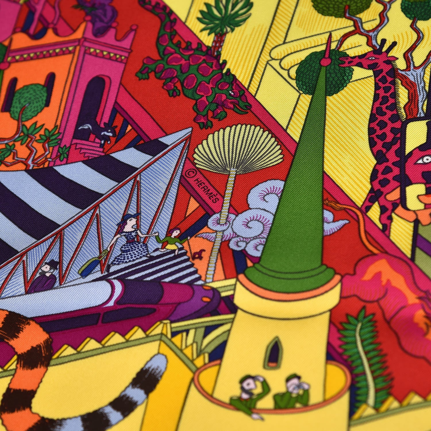 Hermes Silk Animapolis Scarf 90 Fuchsia Vert Jaune Vif 5 of 6