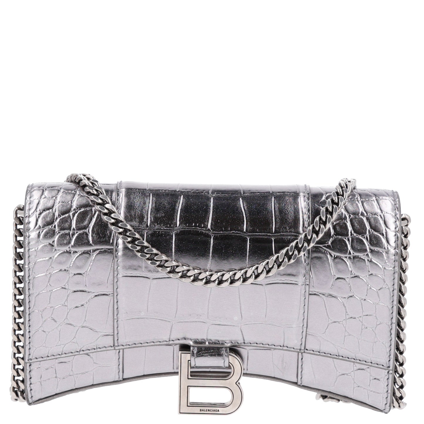 Metallic Calfskin Crocodile Embossed Hourglass Chain Bag Silver