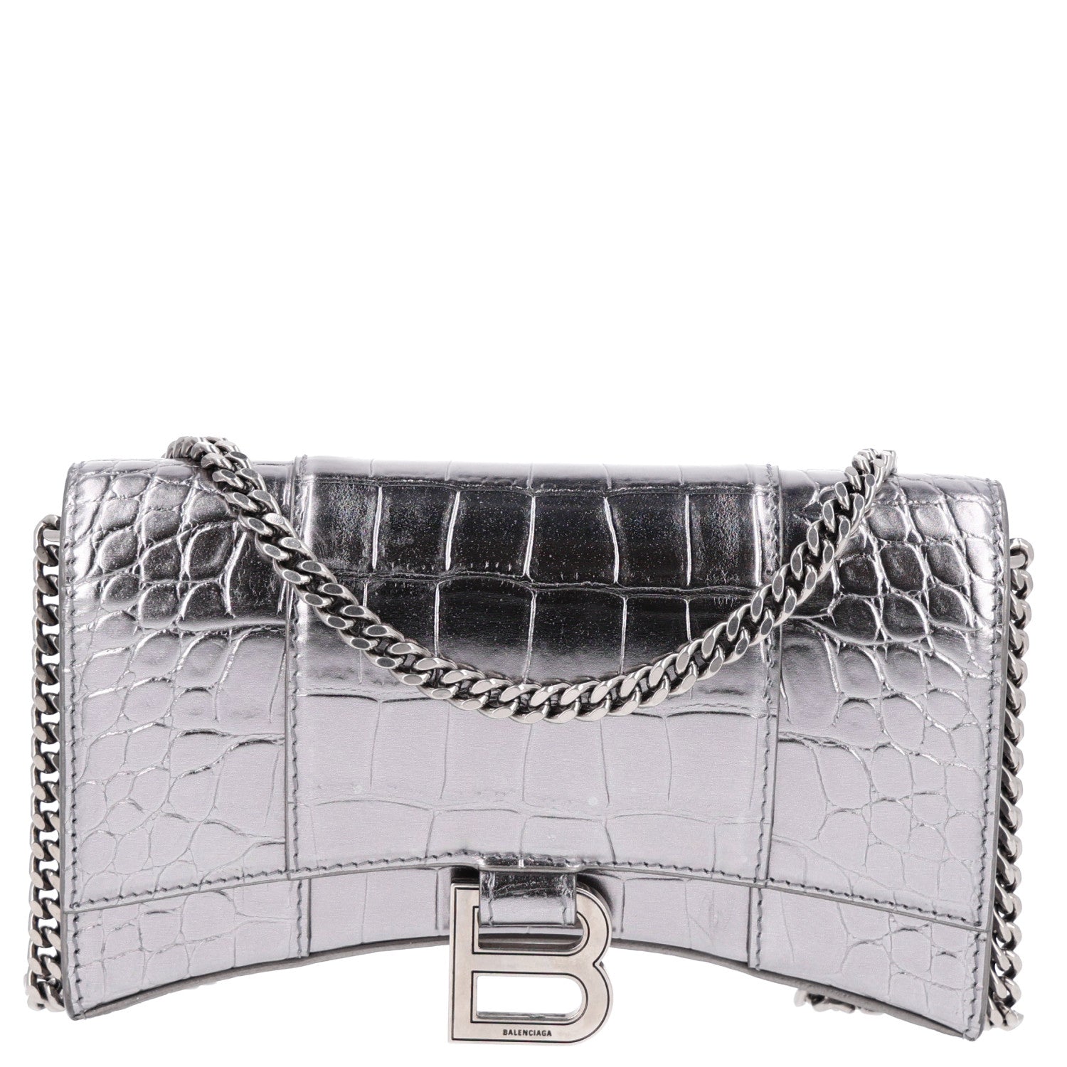 Balenciaga Metallic Calfskin Crocodile Embossed Hourglass Chain Bag Silver 1 of 9