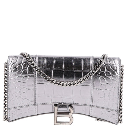 Balenciaga Metallic Calfskin Crocodile Embossed Hourglass Chain Bag Silver 1 of 9