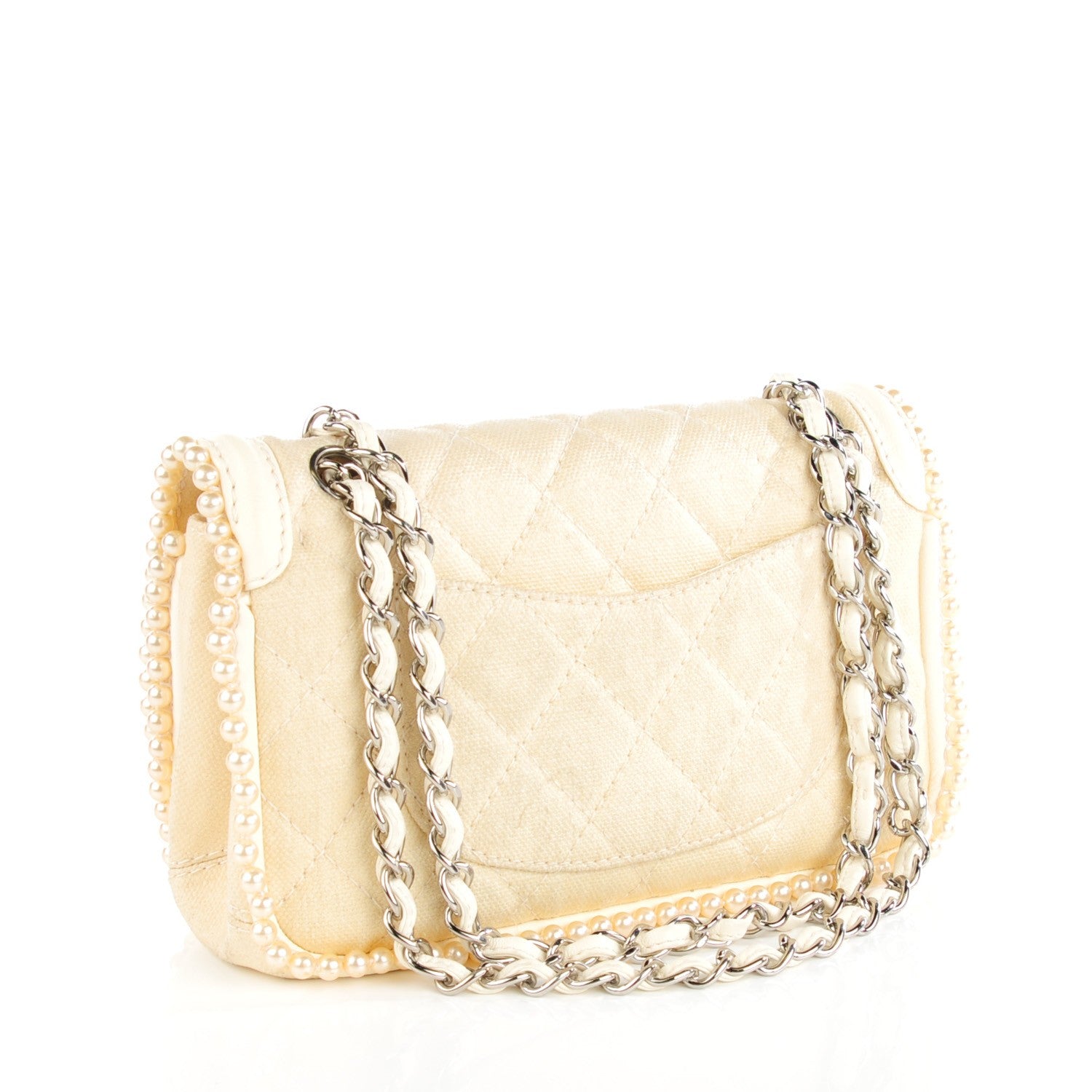 Chanel Canvas Quilted Pearl Trim Medium Flap Beige 3 of 8