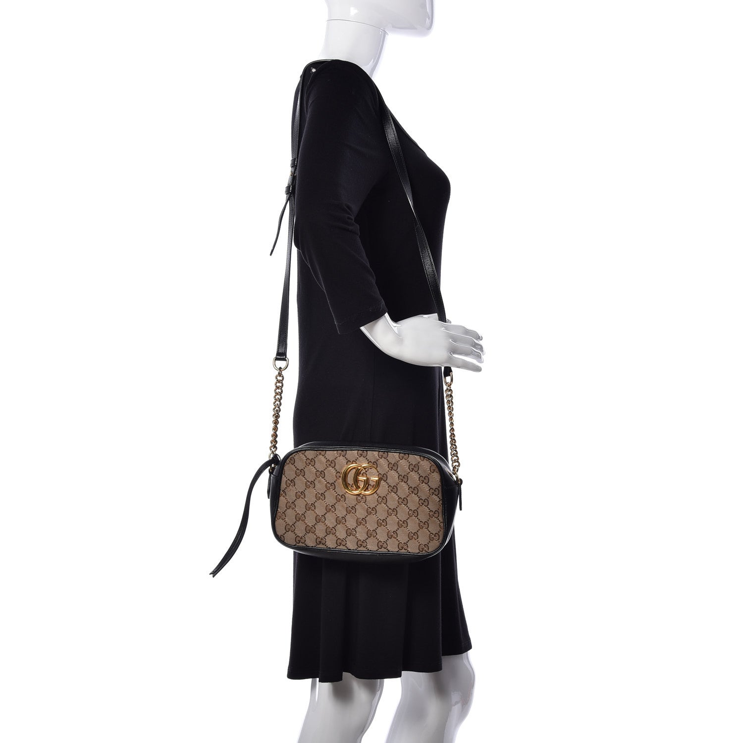 Gucci Monogram Matelasse Diagonal Small GG Marmont Chain Shoulder Bag Beige Black 2 of 11