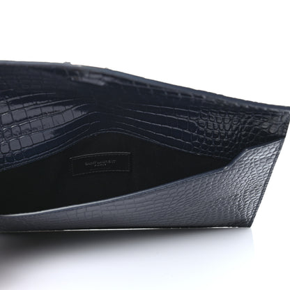 Saint Laurent Calfskin Crocodile Embossed Uptown Monogram Clutch Deep Marine 5 of 6