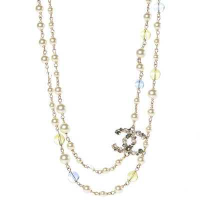 Chanel Pearl Bead CC Long Necklace Blue Green Gold 1 of 6