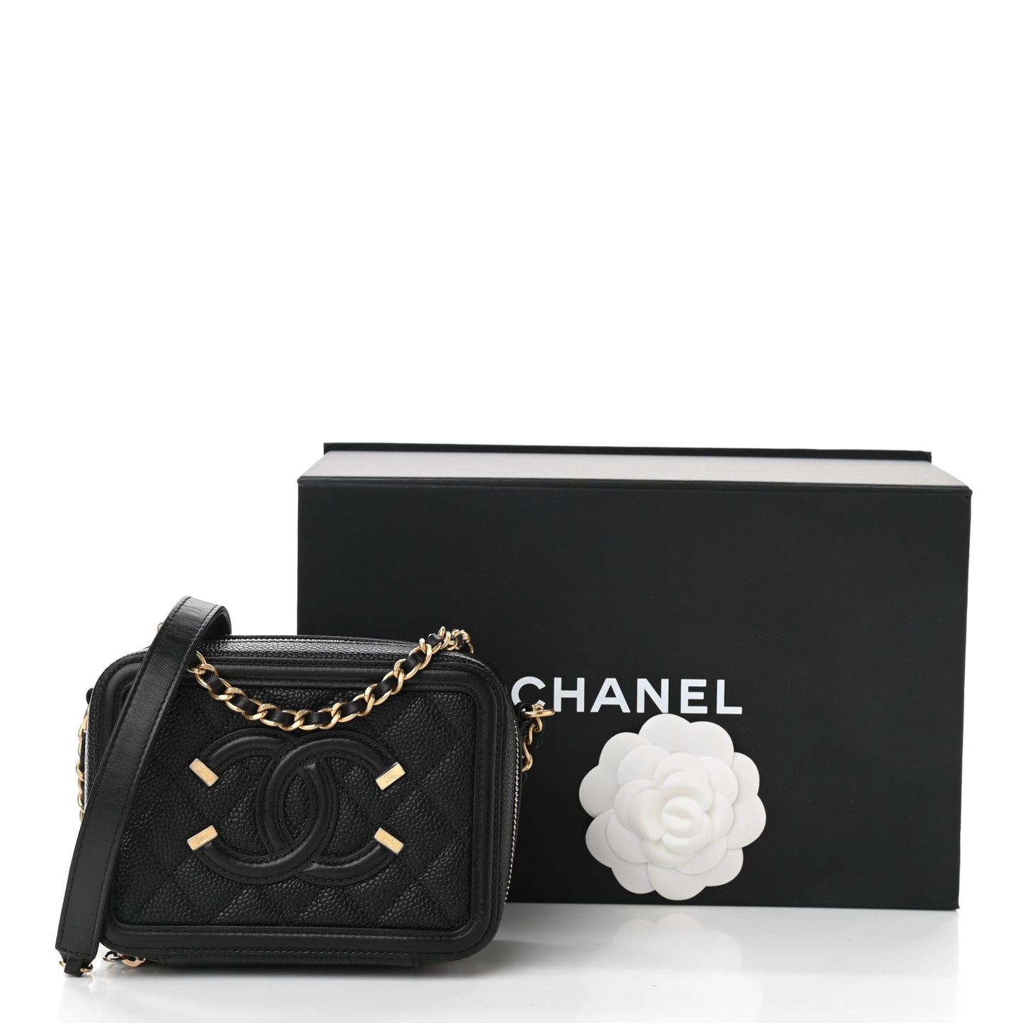 Caviar Quilted CC Filigree Vanity Clutch With Chain Black
