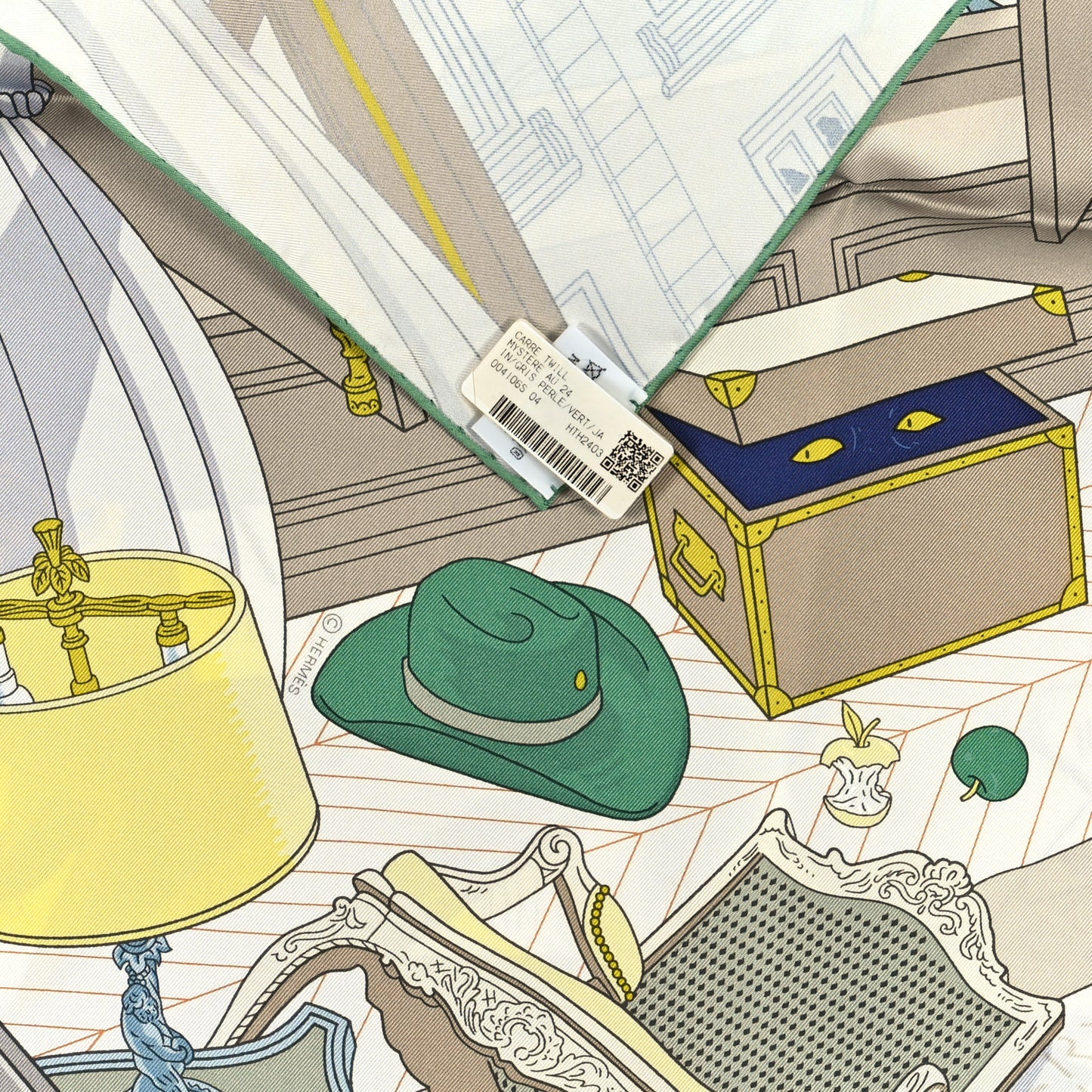 Silk Mystere Au 24 Faubourg Scarf 90 Gris Perle Vert Jaune