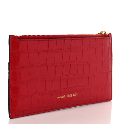 Alexander McQueen Calfskin Crocodile Embossed Skull Zip Wallet Card Holder Deep Red 3 of 8