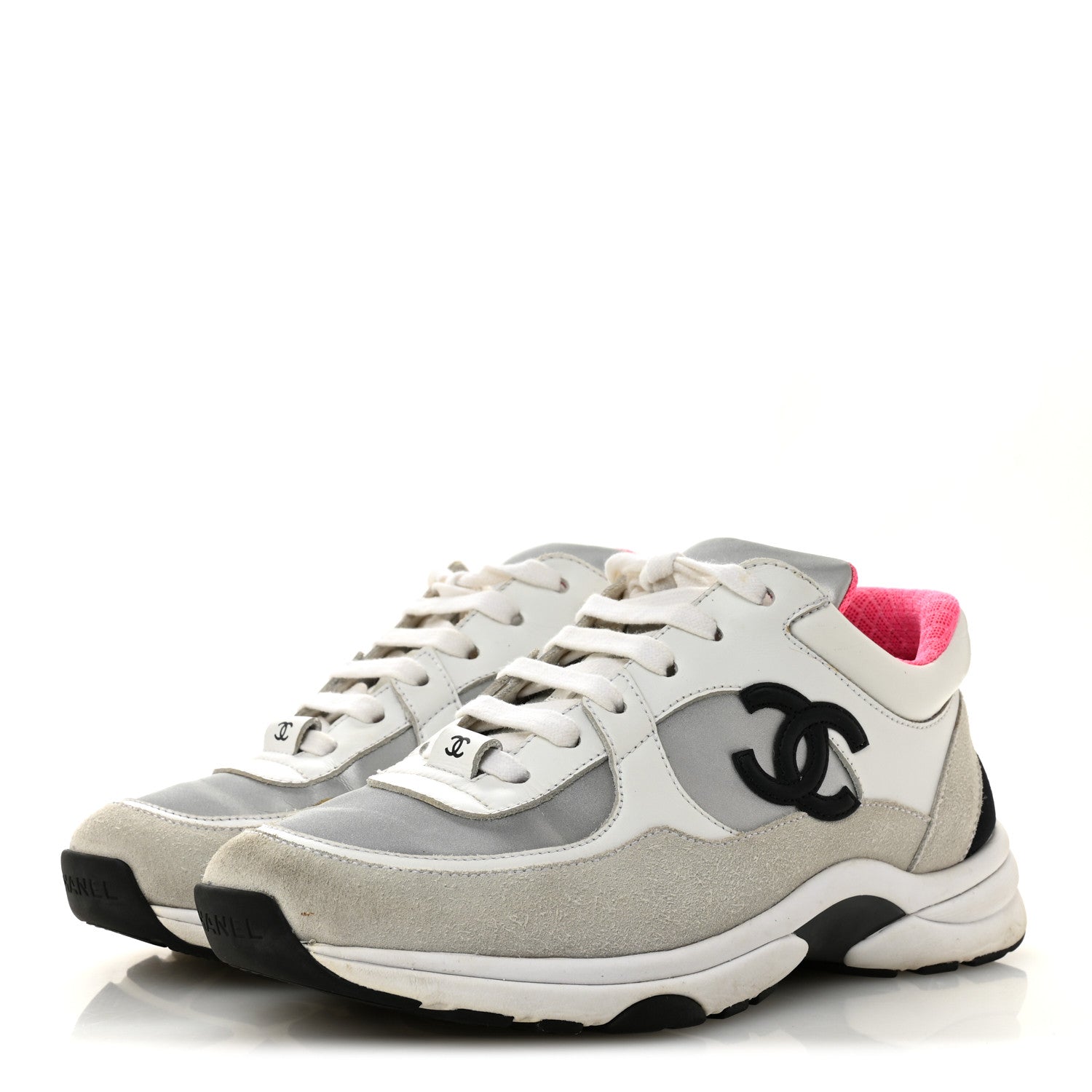 Chanel Calfskin Fabric Sneakers 36 White Silver Fluo Pink 1820945