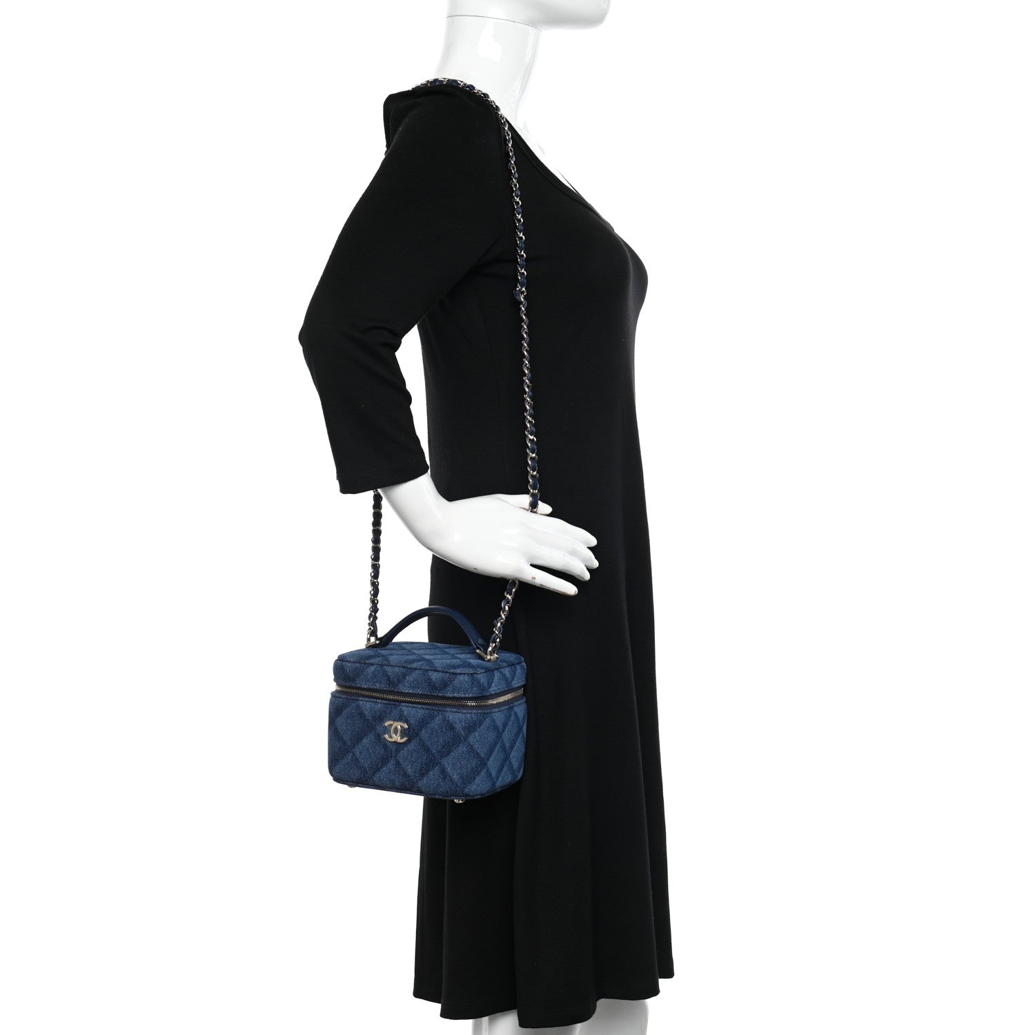 Chanel Printed Denim Quilted Mini Top Handle Vanity Case With Chain Dark Blue 2 of 10